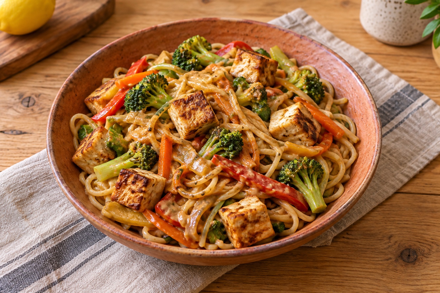 Tăiței cu tofu rumenit, legume și sos cremos de arahide / Noodles with golden tofu, vegetables and creamy peanut sauce